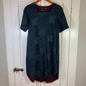 Gudrun Sjoden Organic Cotton Blue Green Print Dress Square Neck Pockets‎ Size S